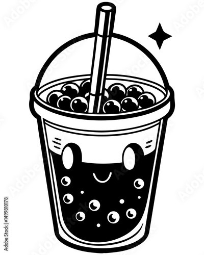 Cute Cartoon Boba Tea Cup with Straw and Bubbles