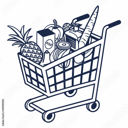Full shopping cart fresh produce grocery items