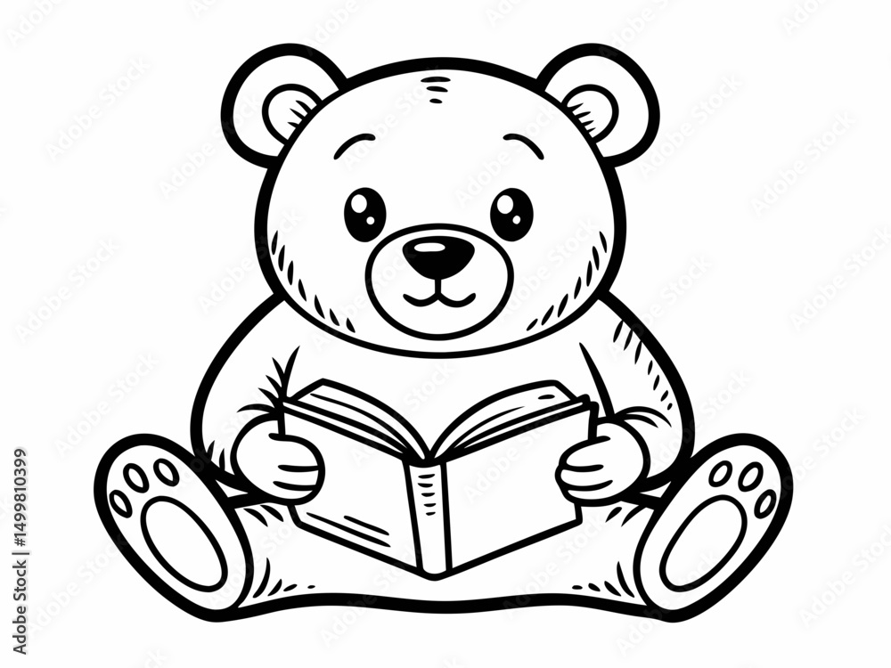 Obraz premium Adorable Teddy Bear Sitting and Reading a Book Coloring Page Illustration