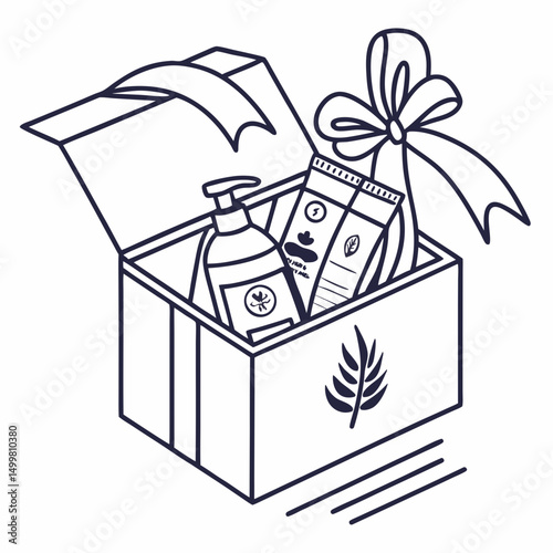 Open gift box with beauty products and ribbon