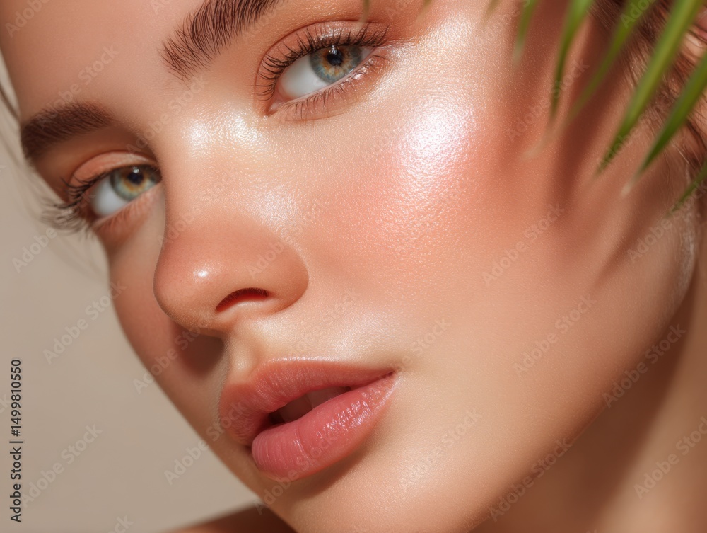 Fototapeta premium Close-up of a woman with radiant skin and a natural makeup look, partially obscured by a green leaf, highlighting beauty and skincare.