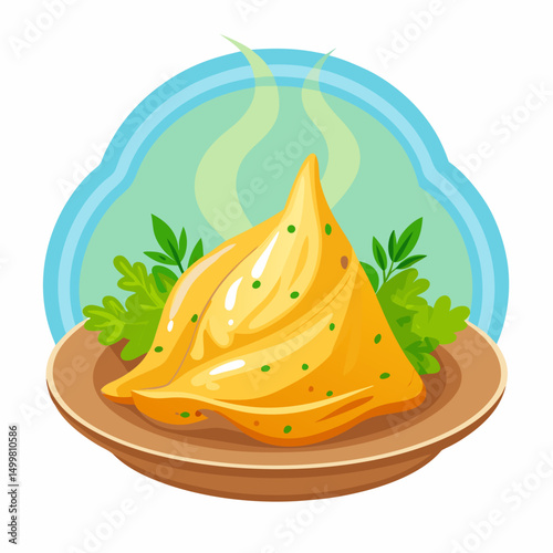 Delicious Golden Fried Samosa on Wooden Plate with Garnish
