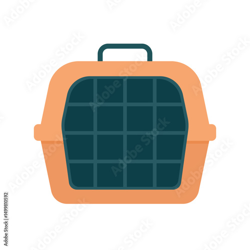 Vector graphic of an orange pet carrier with a dark front grid door and handle, designed for animal transport and travel.