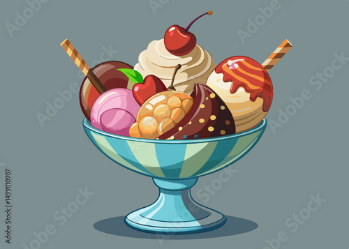Delicious Sundae with Assorted Ice Cream Scoops and Toppings