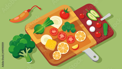 Fresh Vegetables and Fruits on a Wooden Cutting Board