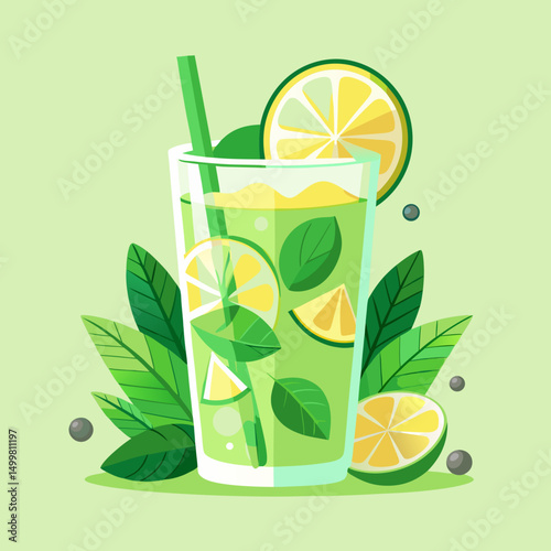 Refreshing Lime and Mint Drink in Glass with Straw