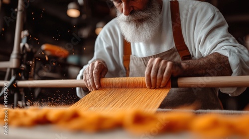 Artisan spins vibrant orange thread in workshop during late afternoon light