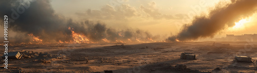 Dramatic desert battlefield scene captures essence of destruction with billowing smoke and flames rising against s et backdrop. landscape is barren, evoking sense of desolation and conflict