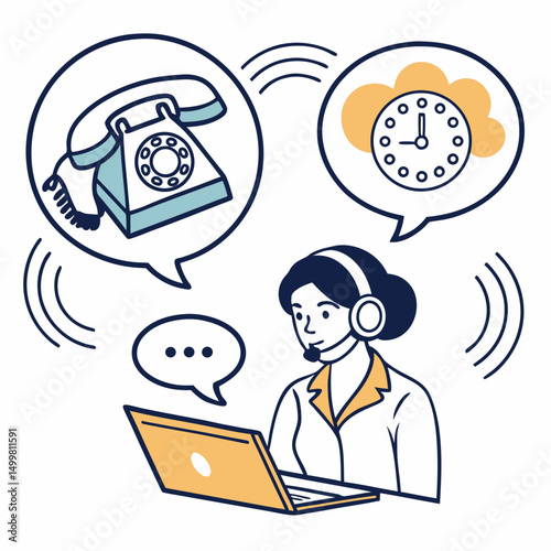 Professional customer service agent with laptop and retro phone