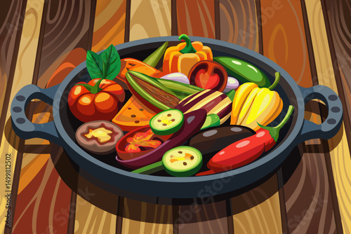 Assorted Fresh Vegetables in a Cast Iron Pan on Wooden Table