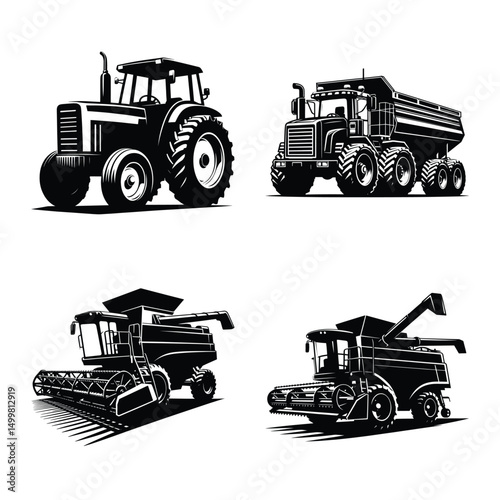 Agriculture vehicle bundle silhouette vector illustration isolated on white background