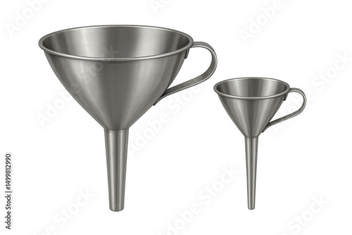Two metal funnels with handles on transparent background photo