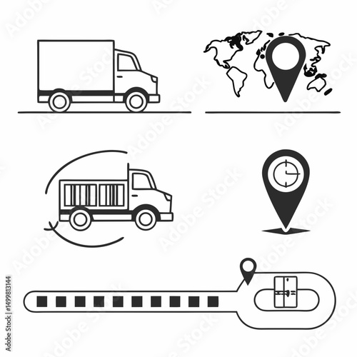 Global delivery service truck icons route map