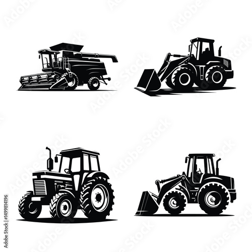 Agriculture vehicle bundle silhouette vector illustration isolated on white background