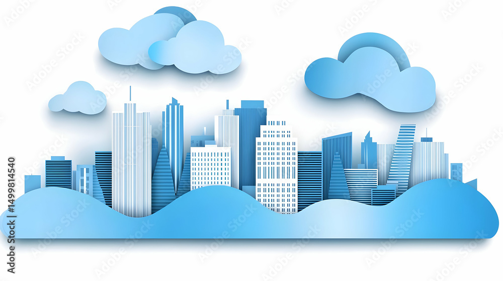Obraz premium Blue Paper Cutout Cityscape With Clouds