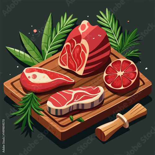 Fresh Raw Meat Cuts on Wooden Board with Herbs and Citrus