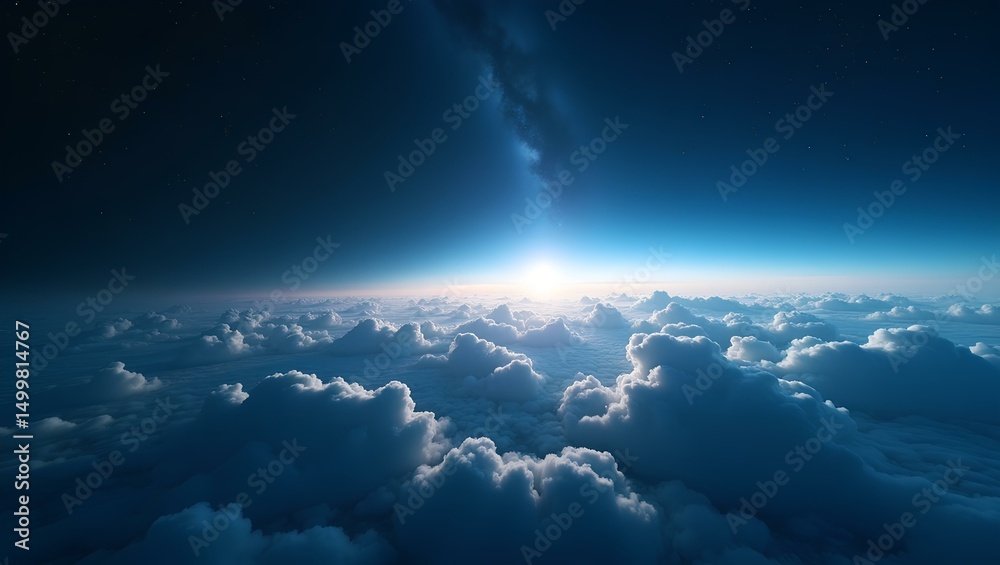 Naklejka premium Above the Cloudscape: Witness the breathtaking majesty of a vibrant sunrise piercing through a sea of clouds, with the stunning blue gradient, igniting a sense of wonder and awe.