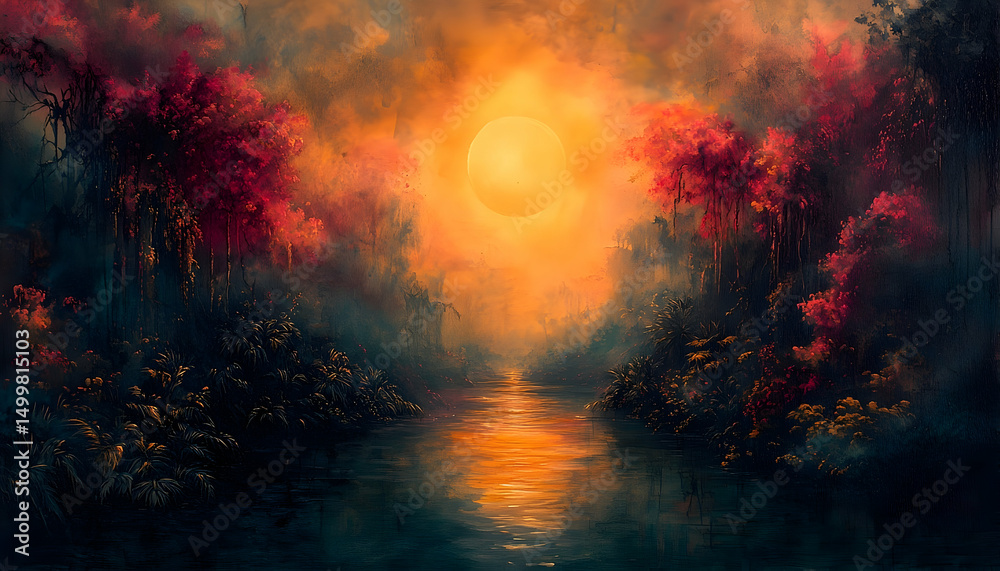 Fototapeta premium Dreamy river landscape Warm sun illuminates water flowing between trees, creating an ethereal, peaceful atmosphere