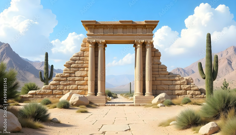 Obraz premium Ruins of an ancient stone gate with columns in the middle of a desert with cactuses, mountains in the background, blue sky with clouds 