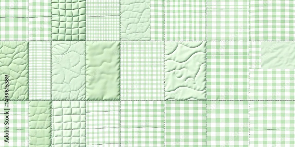 Mint green patchwork quilt with gingham, grid, and vichy check patterns Pastel green and white seamless vector design, grid, spring Mint green patchwork quilt with gingham, grid, and vichy check patterns Pastel green and white seamless vector design, grid, spring
