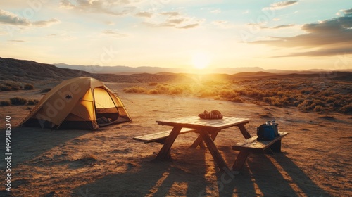 desert camping site during golden sunset, minimalist tent, wood table with travel gear, wild and natural outdoor scene