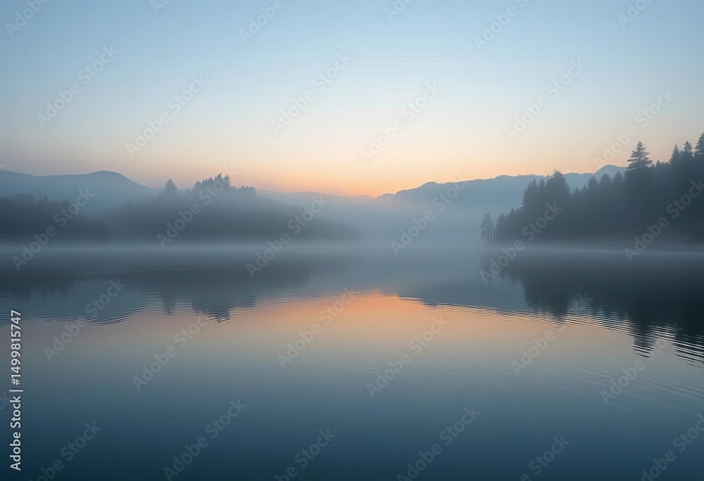 Fototapeta premium Misty dawn lake, soft light reflects on still water, empty space, ethereal, landscape