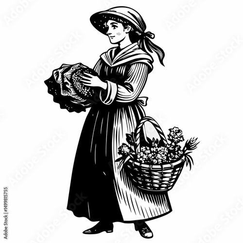 Woman in Vintage Dress Carrying Bread and Flowers