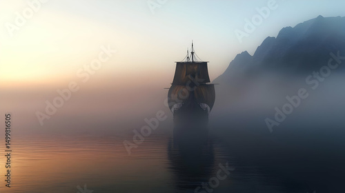 Antique Ship In Misty Sunrise Landscape