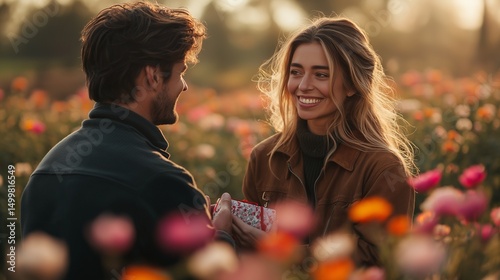 Romantic couple exchanging gifts in blooming flower field at golden sunset.