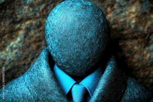 Abstract representation of a faceless person in suit and tie demonstrating anonymity and isolation against a rocky background for conceptual use