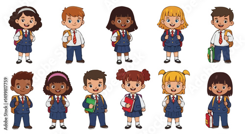 Vector Illustration of Children Cartoon Characters in School Uniform Going to College with Books and Backpacks on White Background