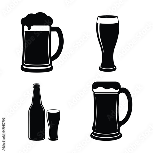Beer mug bottle and glass vector silhouettes 
