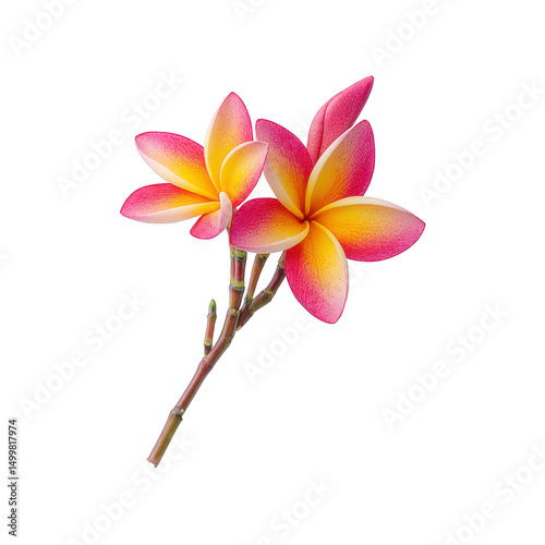 Vibrant cluster of pink and yellow plumeria flowers with green stems, showcasing their tropical beauty and delicate petals. image captures essence of nature elegance
