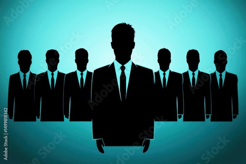 Abstract Representation of Leadership and Team Dynamics with Silhouetted Business Figures Against a Gradient Blue Background