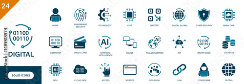 Digital icons. Containing digitization, chip, AI, data flow, fingerprint security, information technology. Solid vector icon set