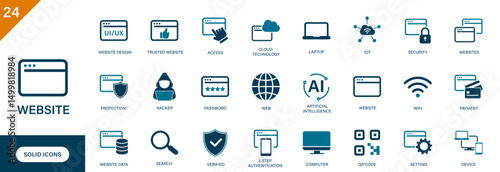 Website icon. Containing internet, computer, cyberspace, information technology, network access. Solid vector icon set.