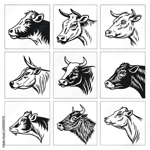 Vintage Cow Head Illustrations Set – Hand Drawn Farm Animal Sketches in Black and White