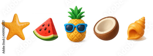 3d summer set of elements isolated on white background, symbols for travel