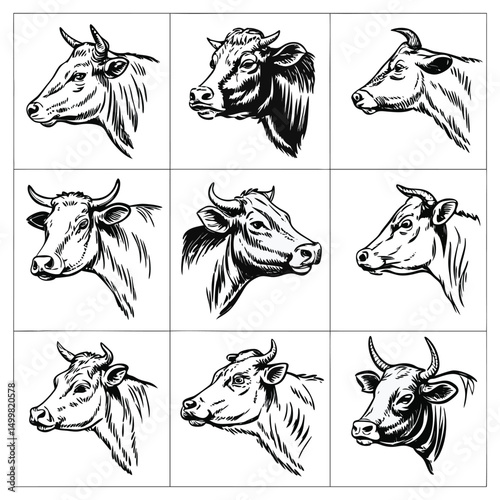 Vintage Cow Head Illustrations Set – Hand Drawn Farm Animal Sketches in Black and White