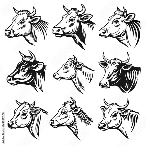 Vintage Cow Head Illustrations Set – Hand Drawn Farm Animal Sketches in Black and White
