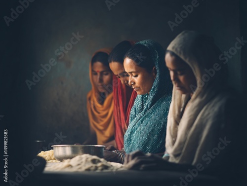Group of women preparing food together in village amidst food shortage challenges cultural setting intimate perspective