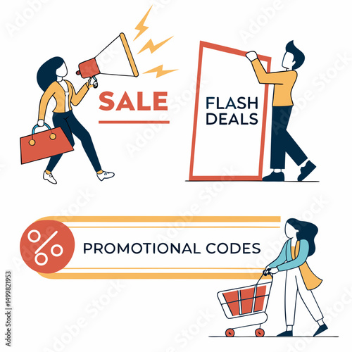 Flash sale announcement with promotional codes illustration