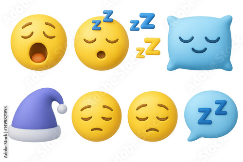 Sleepy emojis 3d set in simple style. relaxation and bedtime symbol icons