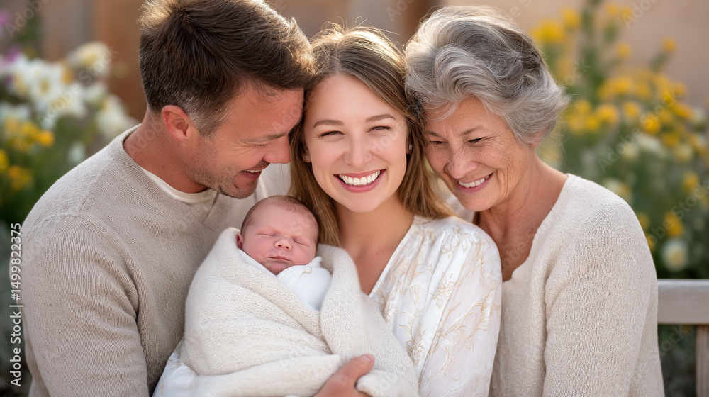 A joyful family moment with their newborn in a sunny garden A joyful family moment with their newborn in a sunny garden