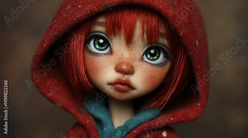 Adorable redhead doll wearing a red hoodie showcases striking green eyes and freckles in a captivating portrait.