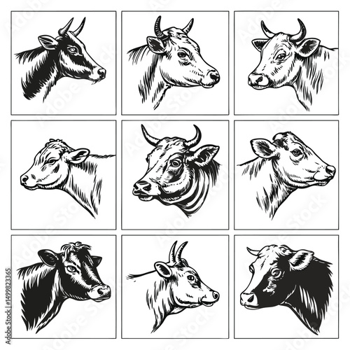 Vintage Cow Head Illustrations Set – Hand Drawn Farm Animal Sketches in Black and White