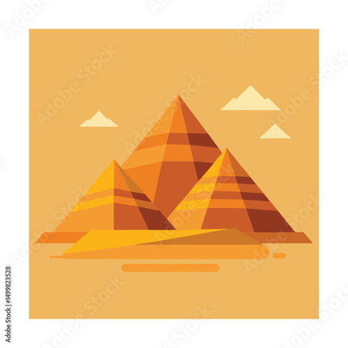 Flat design illustration of famous giza pyramids with simple clouds on a warm background