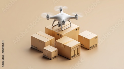 Drone Delivery Concept: Modern drone hovers over parcels ready for fast efficient shipping
