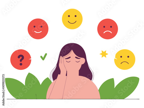 Woman Feeling Uncertain and Overwhelmed by Mixed Emotions Vector Illustration