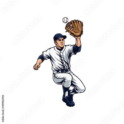  Jumping baseball player cartoon character in sports uniform catching ball with glove, isolated on white background, vector illustration